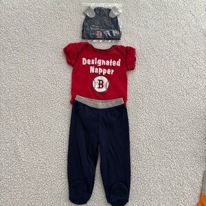 RED SOX Fans! Infant Outfit. Pants & Hat Brand New/Shirt Gently Worn. Sz 3-6 mo